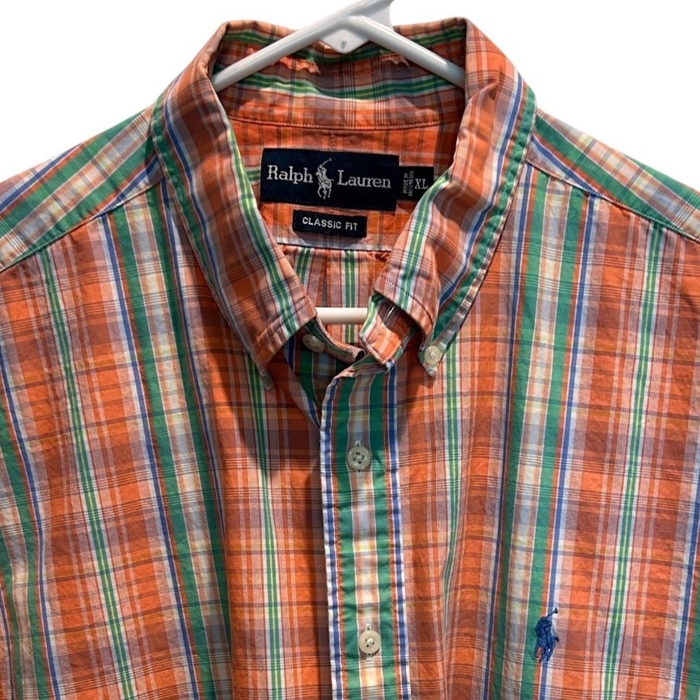 Ralph Lauren Button Down XL Mens Orange Green Plaid Classic Fit Short Sleeve
